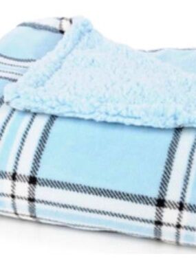 PLAID THROW WITH SHERPA BACK, LIGHT BLUE PLAID, 60 X 50 INCHES, HOMESUITE TSC,